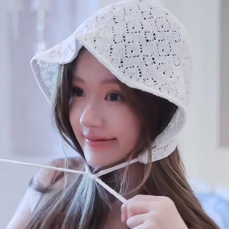Zhao Lusi's Korean-style Versatile Fashion Hollow-out Lace-up Hat, Casual Jacquard Headwrap Hat, Spring-summer Fisherman Hat