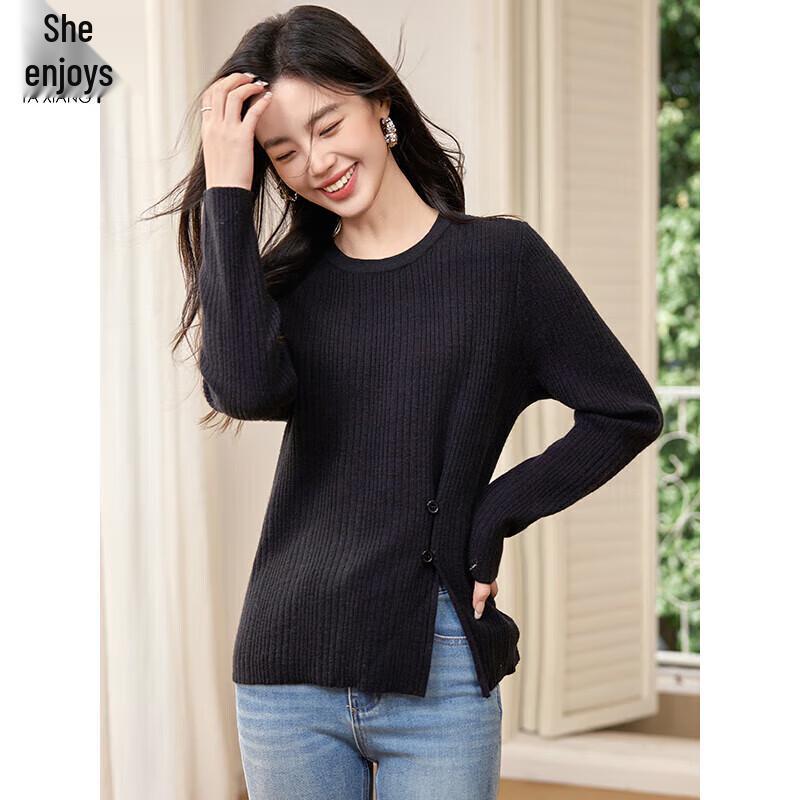 

Women s Round Neck Knit Sweater with Slit Hem M