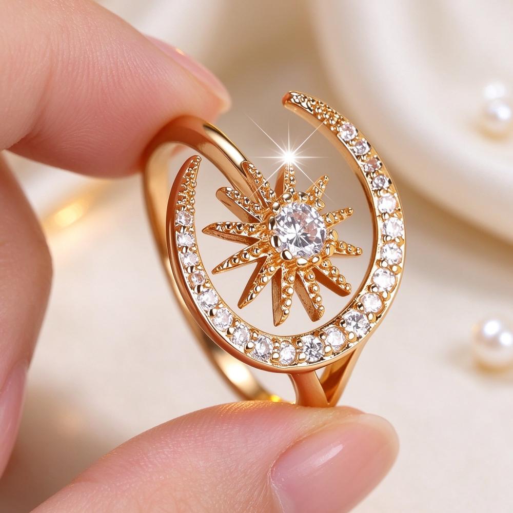 Elegant Silver Color Gold Color Moon Star Zircon Adjustable Band Open Ring for Women Party Wedding Jewelry Gift