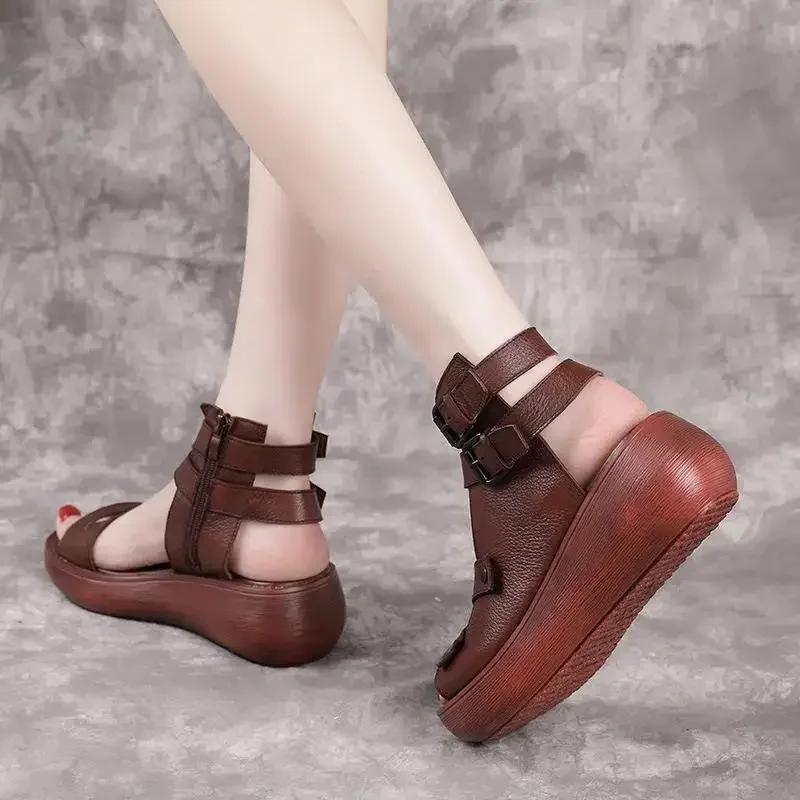 Women's Sandals Summer 2026 Mid Heeled Wedges Shoes for Women Retro Leather Gladiator Sandals Platform Rome Sandalias
