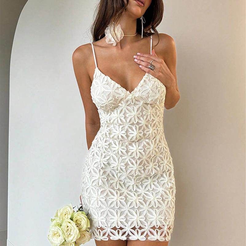 New Slim-Fit Elegant Spaghetti Strap Dress White S