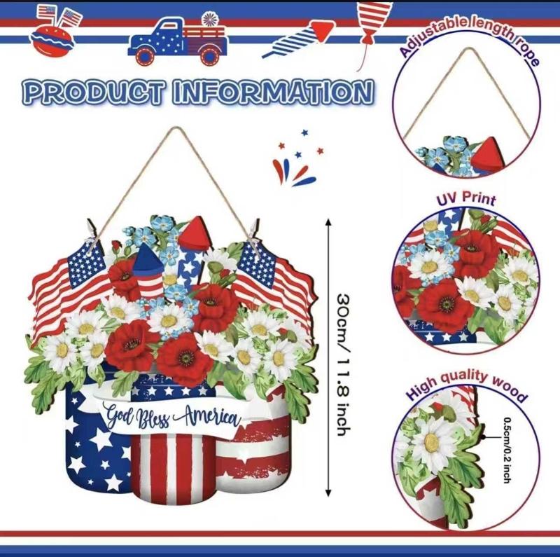 Patriotics Door Decoration Sign 4th of July Wreath for Front Door Hanger Memorial Day Wooden Hanging Sign Wood Plaque