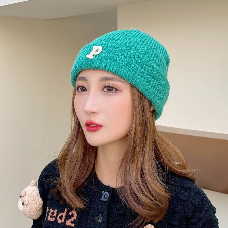 Winter Knitted Hat for Women Warm Pullover Hat P Shaped Bag Head Trendy Face Small Korean Version Wool Hat Men