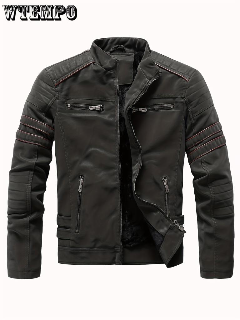 Jaqueta de motociclista retrô PU, jaqueta de couro sintético casual masculina com gola alta