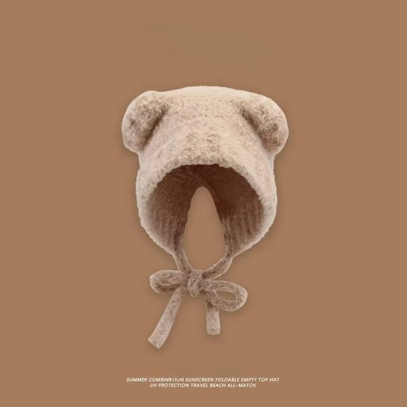 Cute Bear Ear Hat Women Y2k Knitted Beanies Autumn Winter Lace Up Warm Ear Protection Cap Fashion Warm Knitting Hat