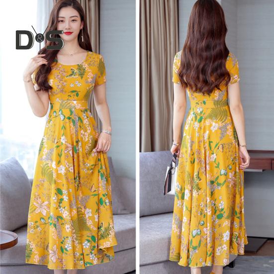 Dámské letní šaty s květinovým potiskem Plážové šaty do půli lýtek s upnutým pasem Krátký rukáv s kulatým výstřihem Šaty do A na prázdninové párty