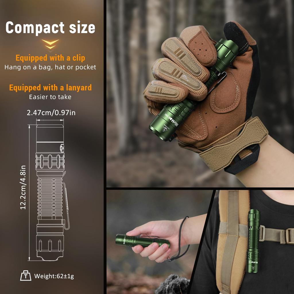 Wurkkos TD02 LED Taktyczna Kieszonkowa Ładowalna Latarka 2000 Lumenów EDC z Portem Ładowania i Tylnym Włącznikiem Odpowiednia do Aktywności na Zewnątrz i w Pomieszczeniach