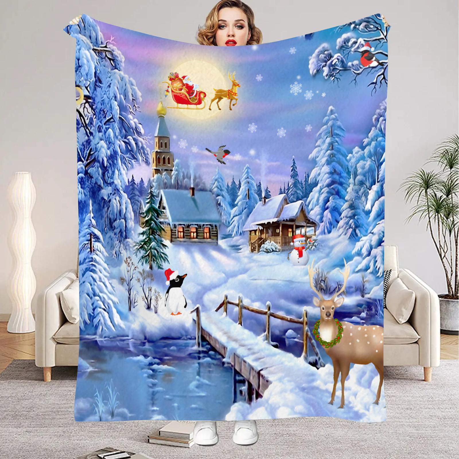 

1pc Blue Christmas Blanket Snow Deer 3D Print Smooth Flannel Blanket for Home Living Room Bedroom Decor New Year Christmas Gift 30x40in
