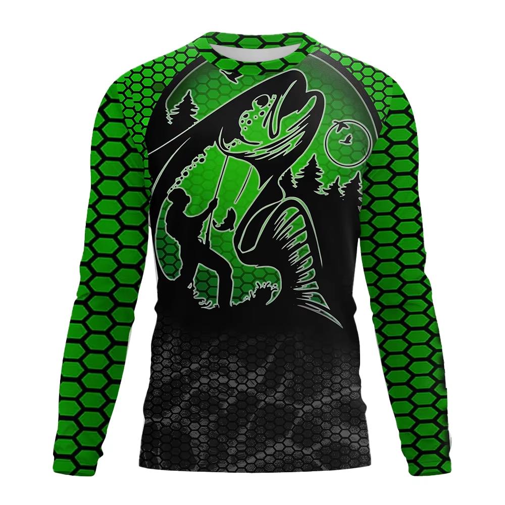 Spring and Autumn Round Neck 3D Fishing Printed T-shirts Fashionable Casual Long Sleeved Men's T-shirts