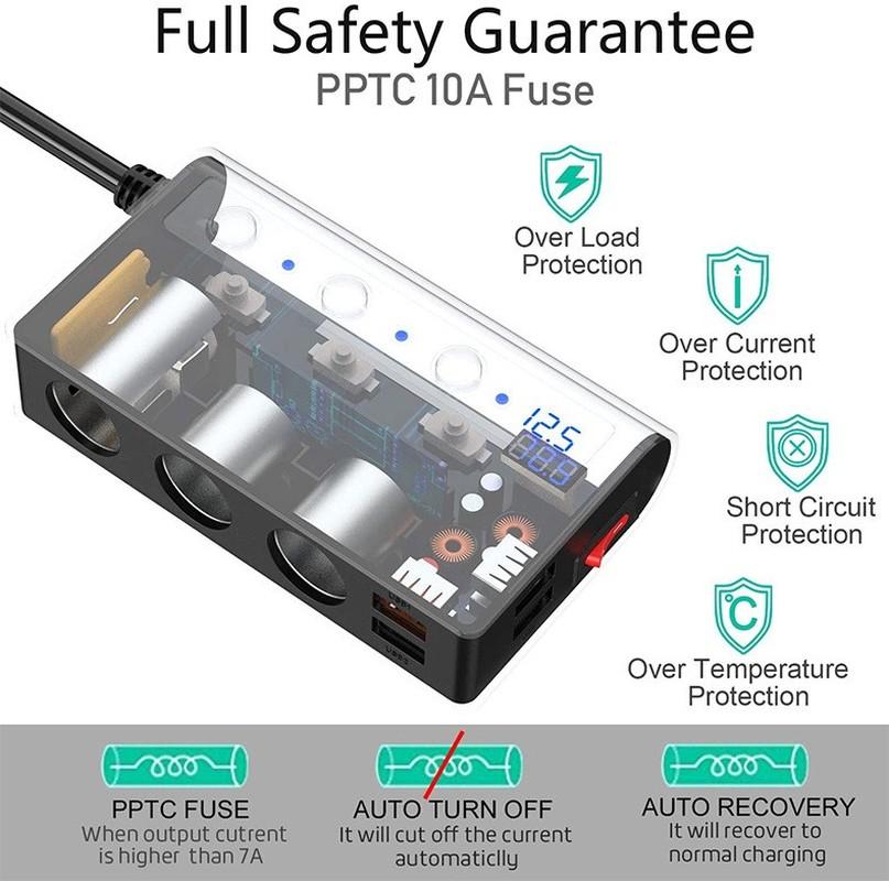 Car Cigarette Lighter 3 In 1 Belt Switch 4 USB 180W High Power QC3.0 Fast Charge Car Charger