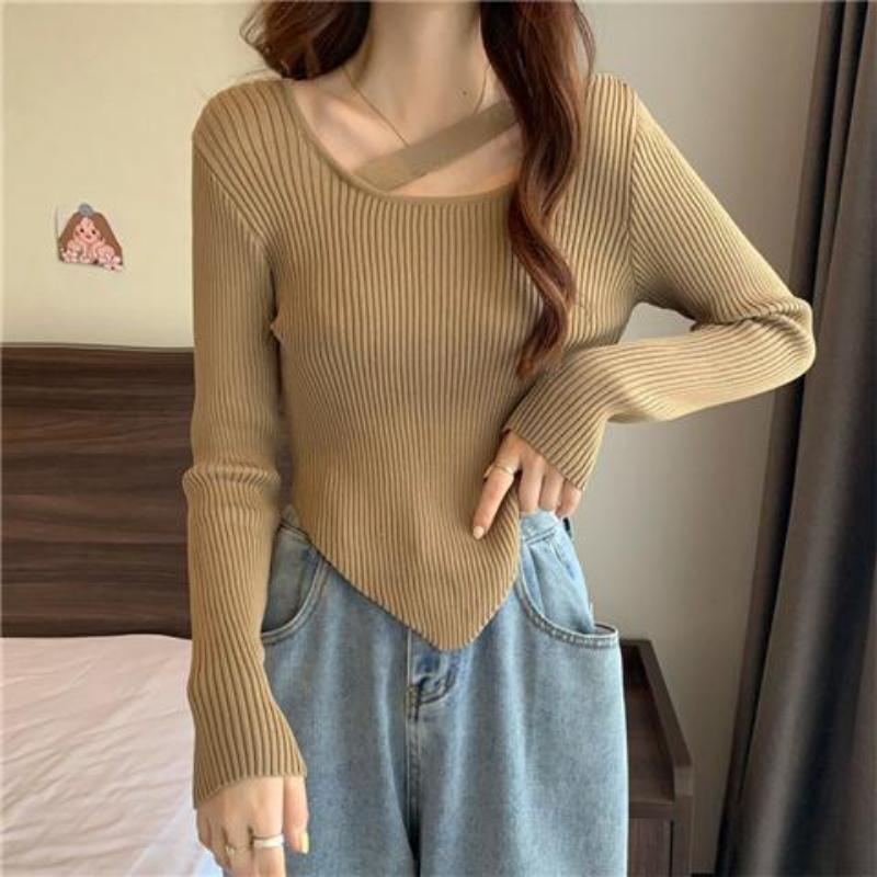 French Irregular Pure Desire Knitted Bottom Shirt for Women's Spring and Autumn Laydown Unique Short Collar Top