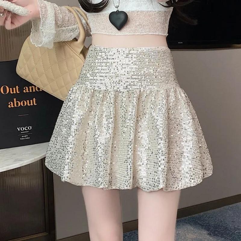 Женская серебристая мини-юбка с пайетками, с высокой талией, расклешенная, с оборками, для вечеринки S серебряный