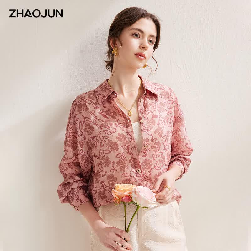Zhaojun Women's Floral Ramie Long Sleeve Resort Blouse