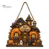Halloween Door Sign 2D Wooden Hanger Sign, Pumpkin Ghost Vintage Town Building Welcome Rustic Seasonal Wall Plaque with Hanging Rope, Front