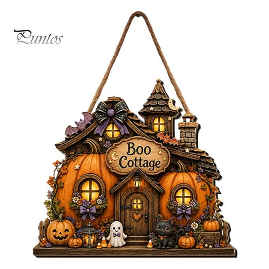 Halloween Door Sign 2D Wooden Hanger Sign, Pumpkin Ghost Vintage Town Building Welcome Rustic Seasonal Wall Plaque with Hanging Rope, Front