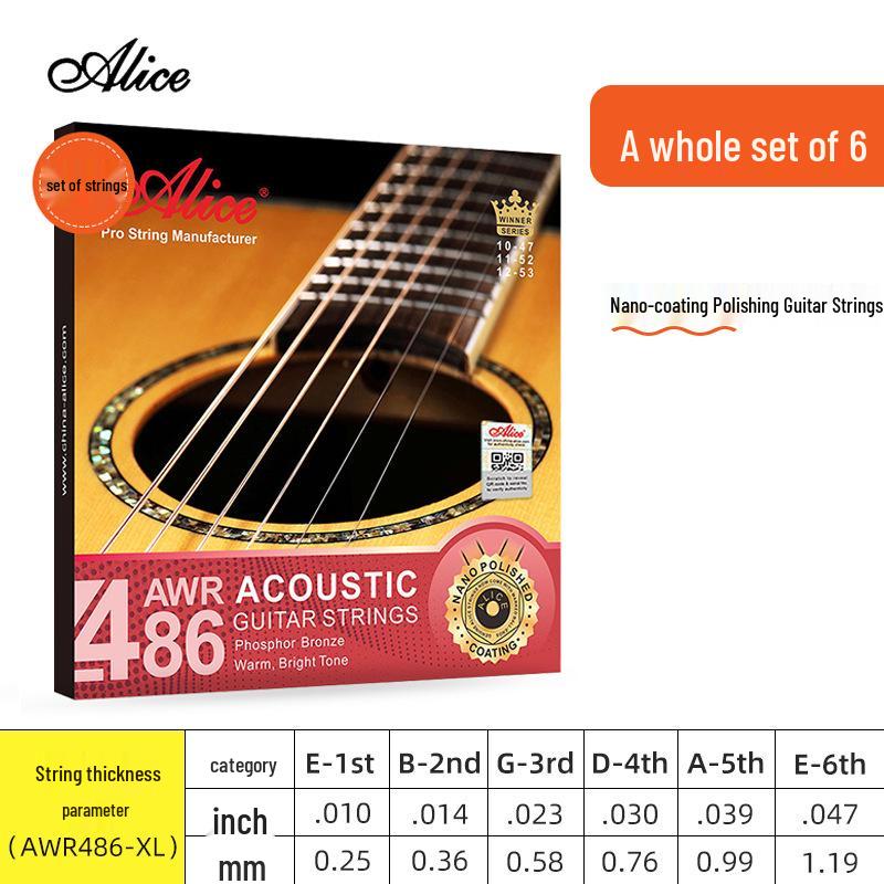 Corde per Chitarra Acustica Alice Folk - Set Completo da 6 (Corde 1ª, 2ª, 3ª come Singole)