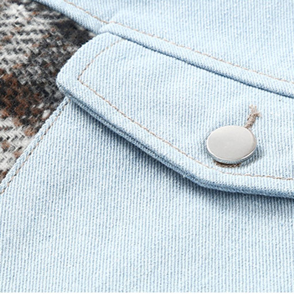 Women Plaid Button Long Sleeve Denim Jacket Fashion Plaid Stitching Jacket