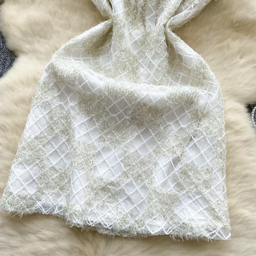 Summer Women Elegant Sleeveless Luxury Beading Plaid Lace Diamond Bowtie Mini Short Fairy Party Pencil Dresses
