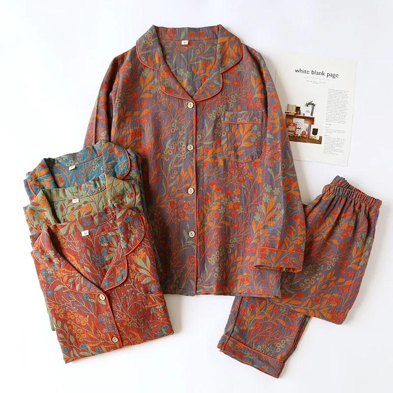 Spring Vintage Women's Pajamas Cotton Yarn Long Sleeve Pants Sleepwear Lapel Cardigan Home Clothes Soft Casual Set Woman 2 Pieces