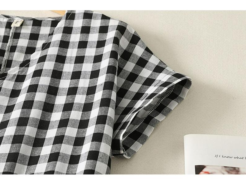 Women's Short Sleeve Plaid Shirt Dress - Fashionable, Loose-Fit, Slimming Cotton and Linen Design