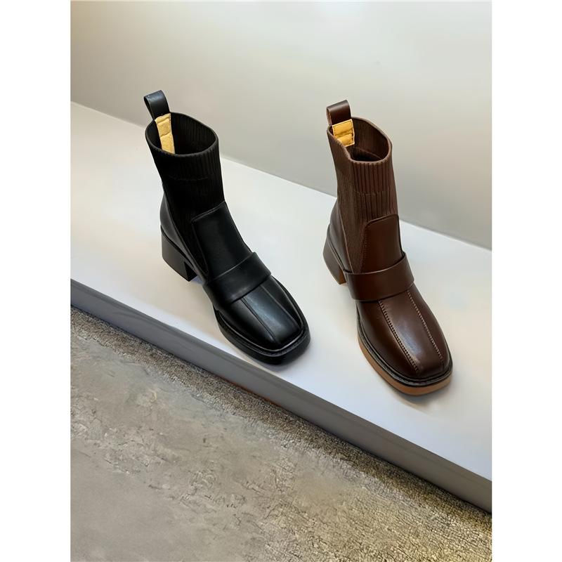 Temperament Fan 5cm/2025 Autumn New Fashion Versatile Comfortable Soft Leather Square Head Thick Heel Short Boots Women's Skinny Boots