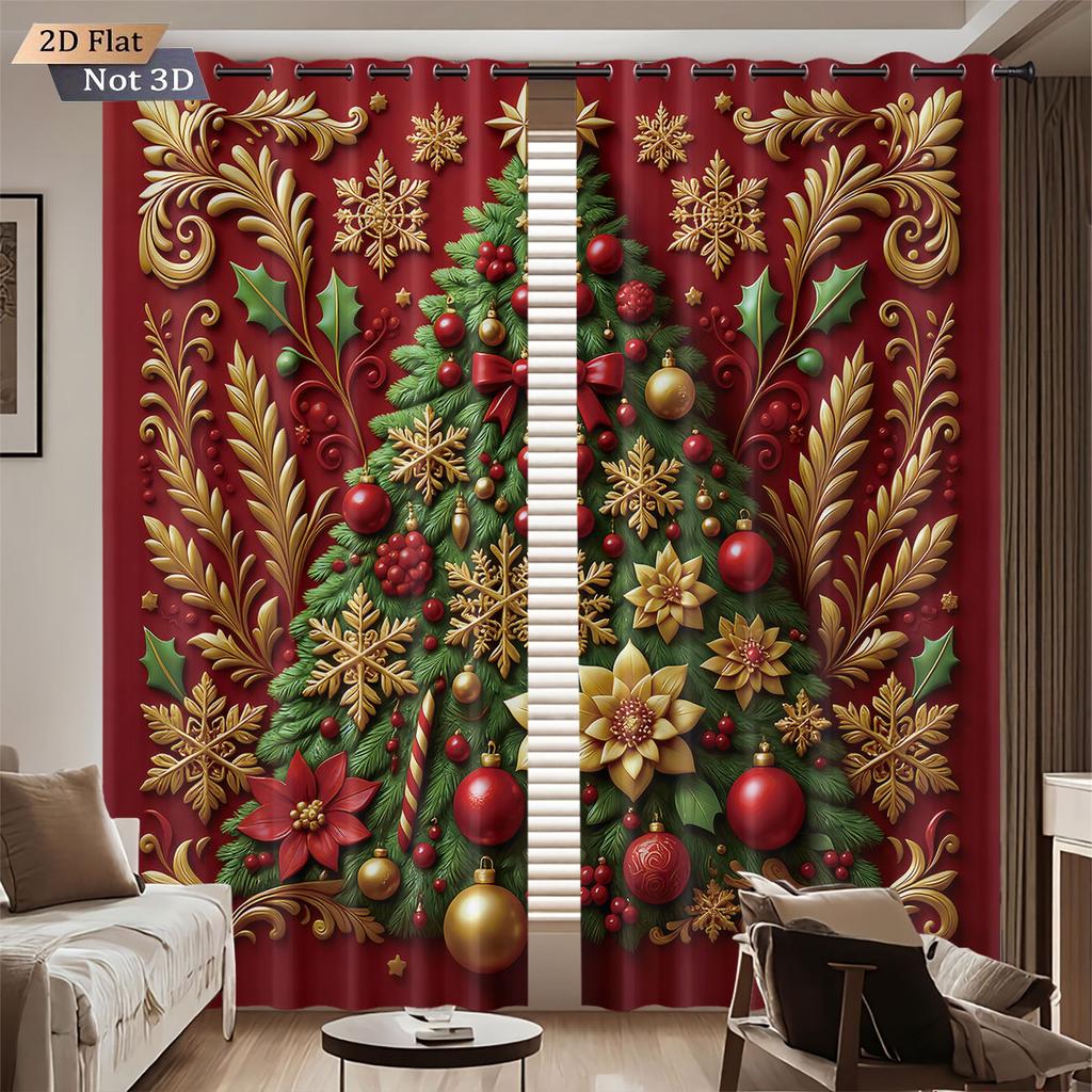 2pcs red Christmas tree print blackout curtains insulation multiple sizes for living room holiday decoration   machine washable
