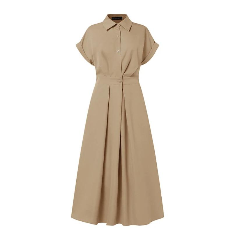 Women's Summer Long Dress Fashion Elegant Turn-down Collar Short Sleeve Casual Dress Women Solid Color A Line Elastic Waist Loose Female Dresses