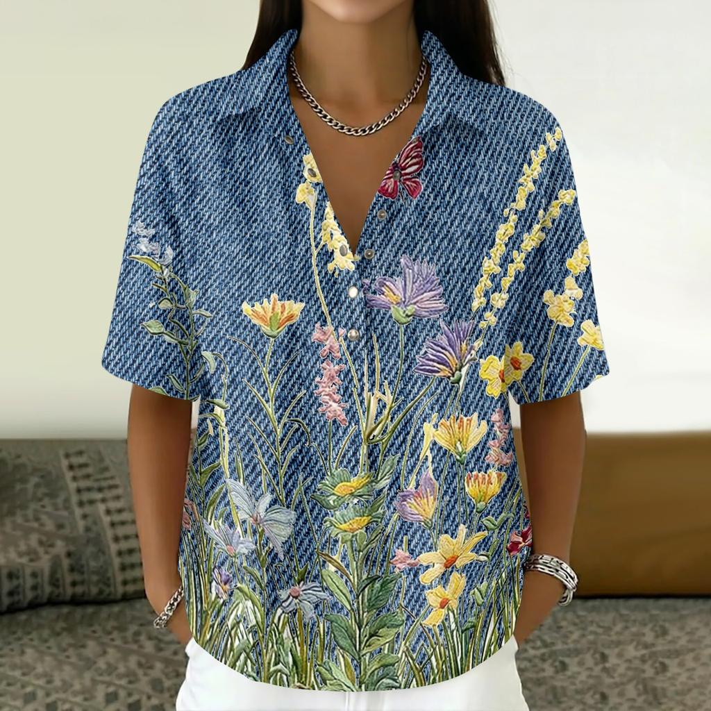 Women's Vintage Floral Print Short Sleeve T Shirt Loose Fit Button Down Polo Collar Linen Blend Casual Top