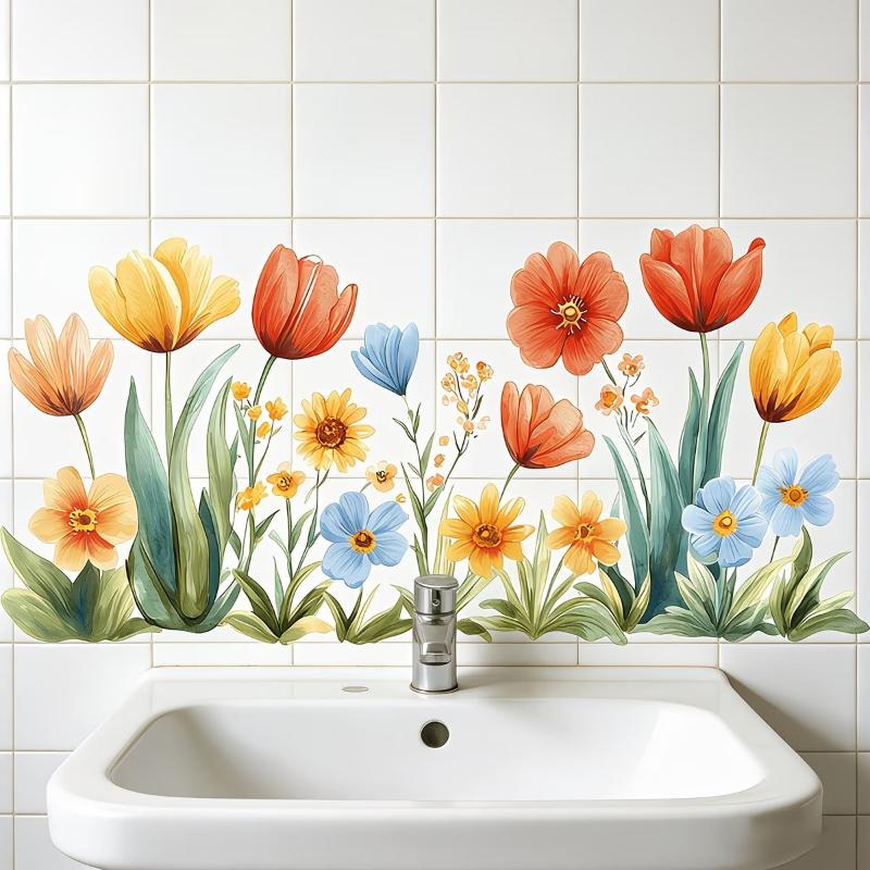 Fresh Floral Wall Sticker Waterproof Removable Peel & Stick Decal for Bathroom Sink Backsplash Home Wall Decor