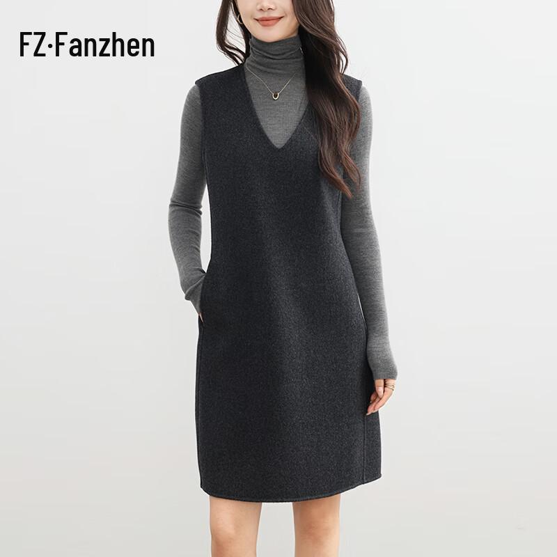 Fanzhen Women's 100% Wool V-Neck Vest Dress