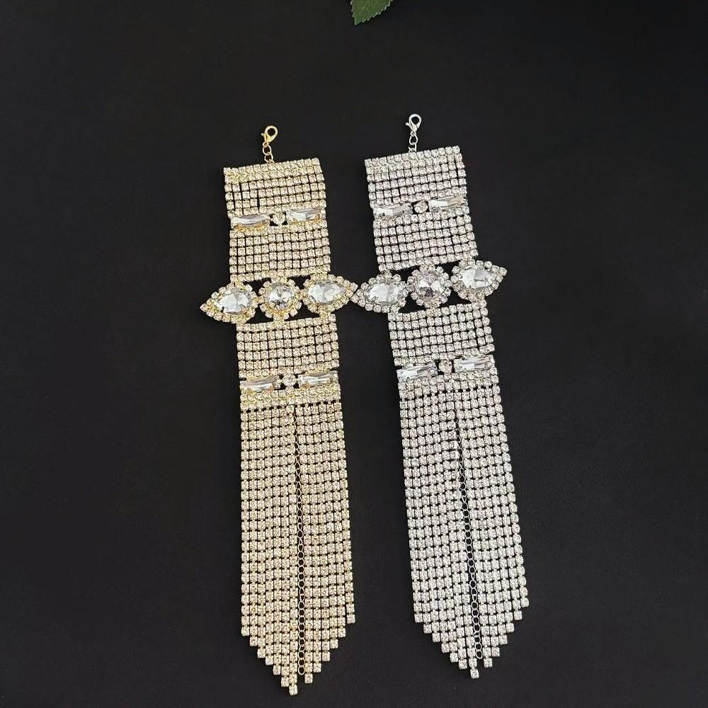 Sparkling Long Tassel Hand Jewelry Rhinestone Luxury Rectangular Wide Bangle Water Drop Light Luxury Women's Hand Chain
