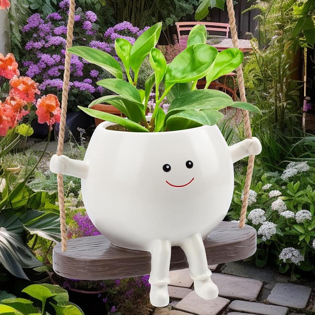Small Swing Smiley Face Hanging Planter Pot for Indoor Outdoor Plants, Cute Swinging Plant Pot, Hanging Flower Pots, Face Planter Pot Head, Resin