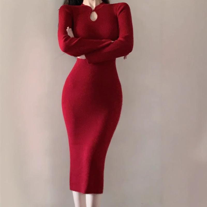 Improved Cheongsam Winter Toast Dress Bridal High Sense Dignified Atmosphere Red Bottoming Knitted Dress