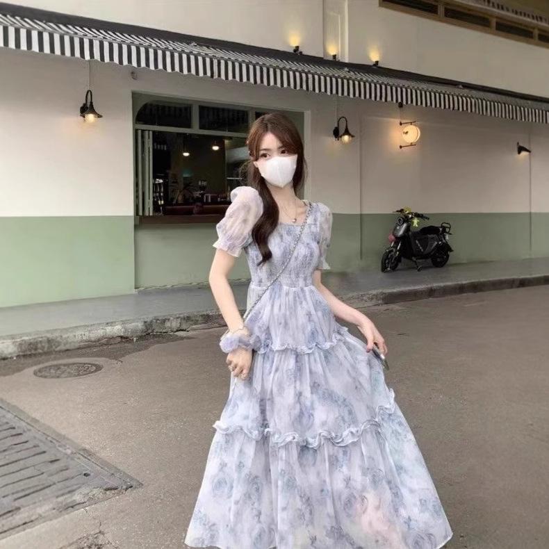French Mori Super Fairy Bubble Sleeve Dress Women s Summer Large Size Fat Mm Gentle Wind Skinny Chiffon Princess Dress S