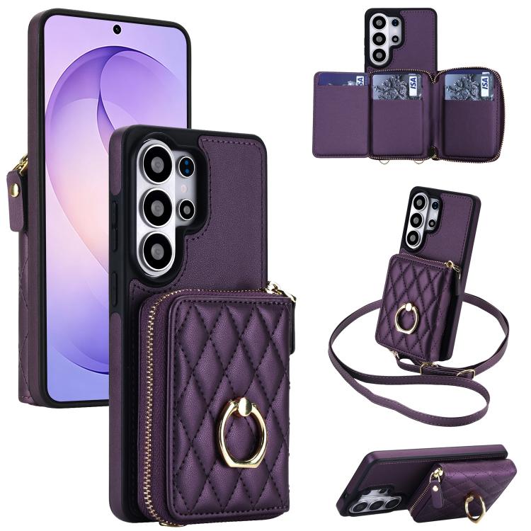 RFID Blocking Crossbody Rhombic Zipper Wallet Shockproof Phone Case With Ring Holder For Galaxy S22 Ultra 5G