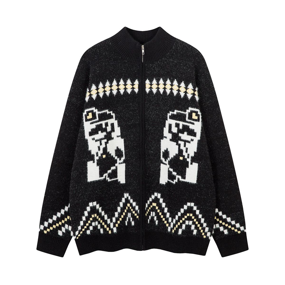 Ретро Жаккардовый Кардиган-Свитер с Воротником-стойкой Extra Large