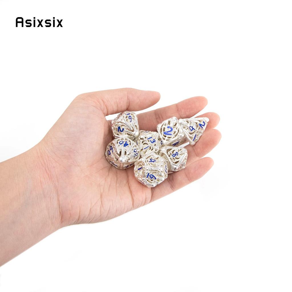 7 Pcs White Blue Skull Metal Dice Hollow Metal Polyhedral Dice Set Suitable for Role-Playing RPG  Board Game Card Game