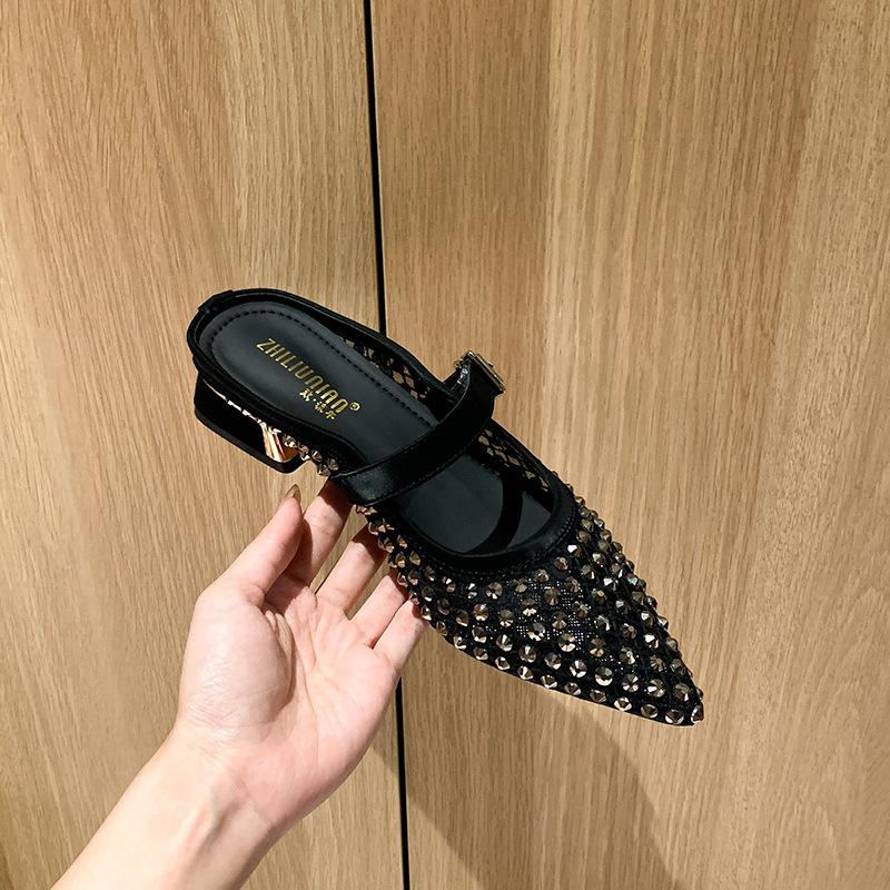 

2025 summer new square head single shoes thick heel middle heel mesh rhinestone women s shoes half drag versatile large size shoes wholesale 43 чорний