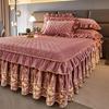 3pcs Luxurious European Quilted Crystal Velvet Bed Skirt Set with Lace Trim - Warm, Thick, Non-Slip, Includes 2 Pillow Shams and 1 Bed Skirt