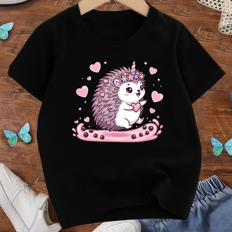 Kids Cute Hedgehog Cartoon Print Crewneck Short Sleeve Tee, Spring Summer Casual Kids Top, Ideal Gift