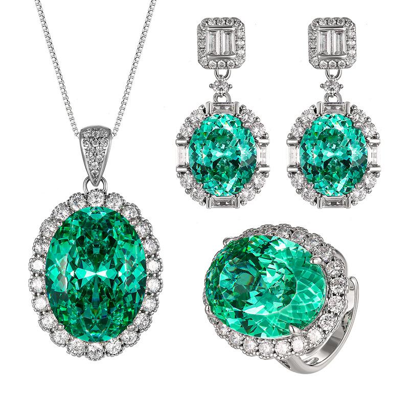 Jewelry Copper Bottom Gold-Plated Imitation Para Green High-End Egg-Shaped Jewelry Set Women'S Stone 15 * 20