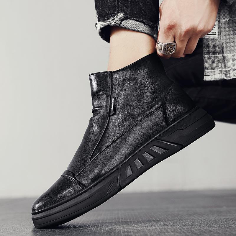 Fashion Winter Men Leather Boots for Man Warm Plush Inside High Tops Leather Casual Shoes Platform Snow Ankle Thick Plush Cotton Shoe