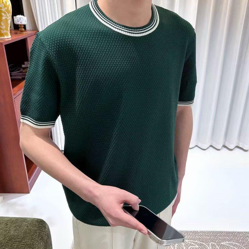 Washed Color-Block Knit Men s Slim Fit Short-Sleeve T-Shirt - Trendy Simple Mature Round Neck Design 2XL зелёный 1870₽
