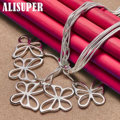 925 Sterling Silver Five Butterfly Snake Chain Necklace Jewelry