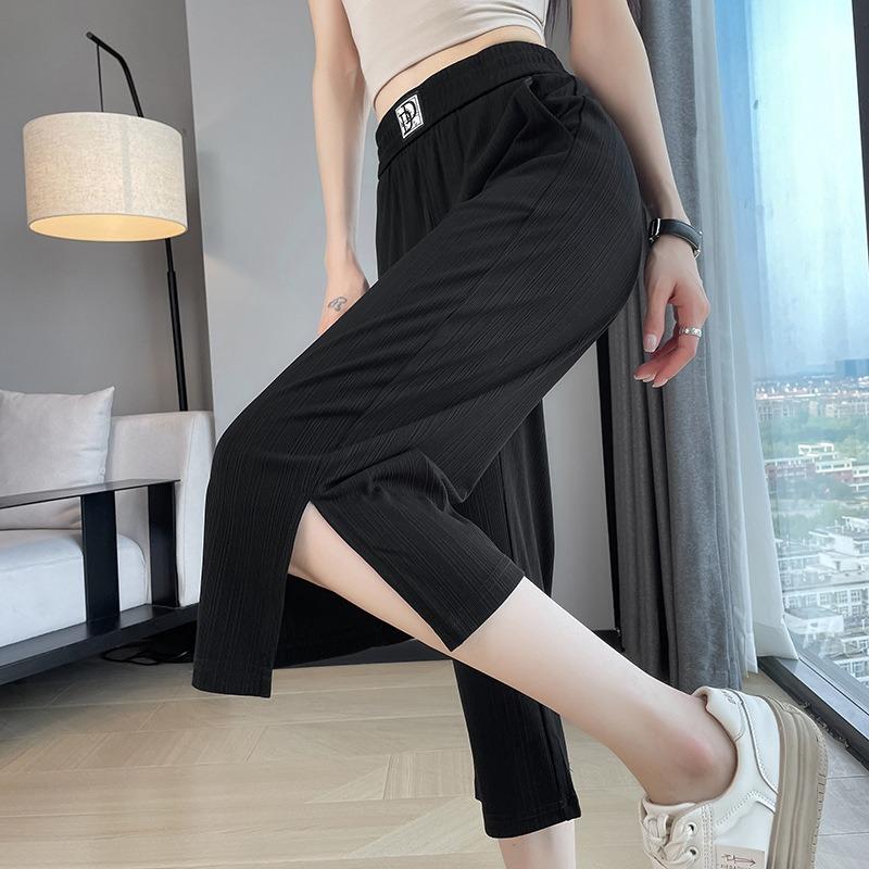 Women's Summer Ice Silk Narrow Wide Leg Pants Thin Draped Petite Sports Straight Pants 7 Pants