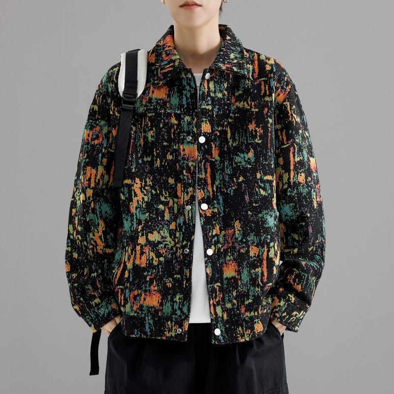 

Men s Abstract Print Trucker Jacket - Casual Button Down Coat Splatter Pattern for Streetwear M чёрный