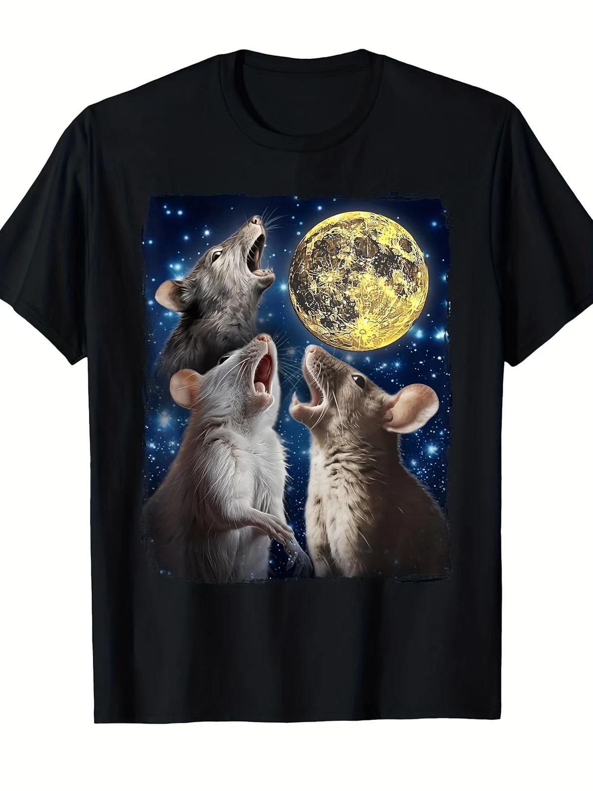 Men s Funny Rat Howling at Moon T-Shirt - Retro Rat & Howling Graphic Short Slee XL