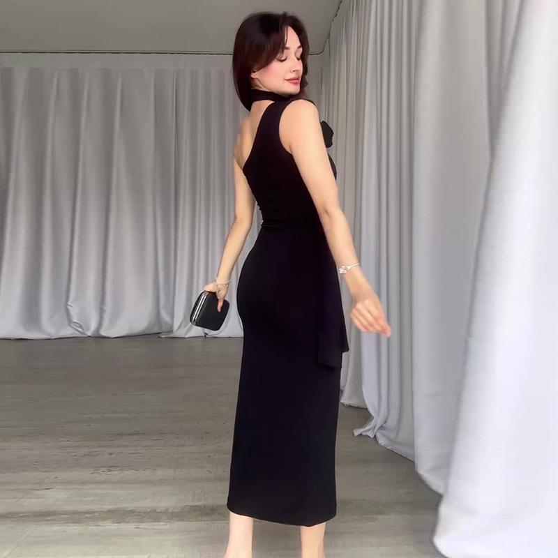 2024 Sommer Damen Asymmetrischer Ausschnitt 3D Blume Hüftbetontes Langes Kleid