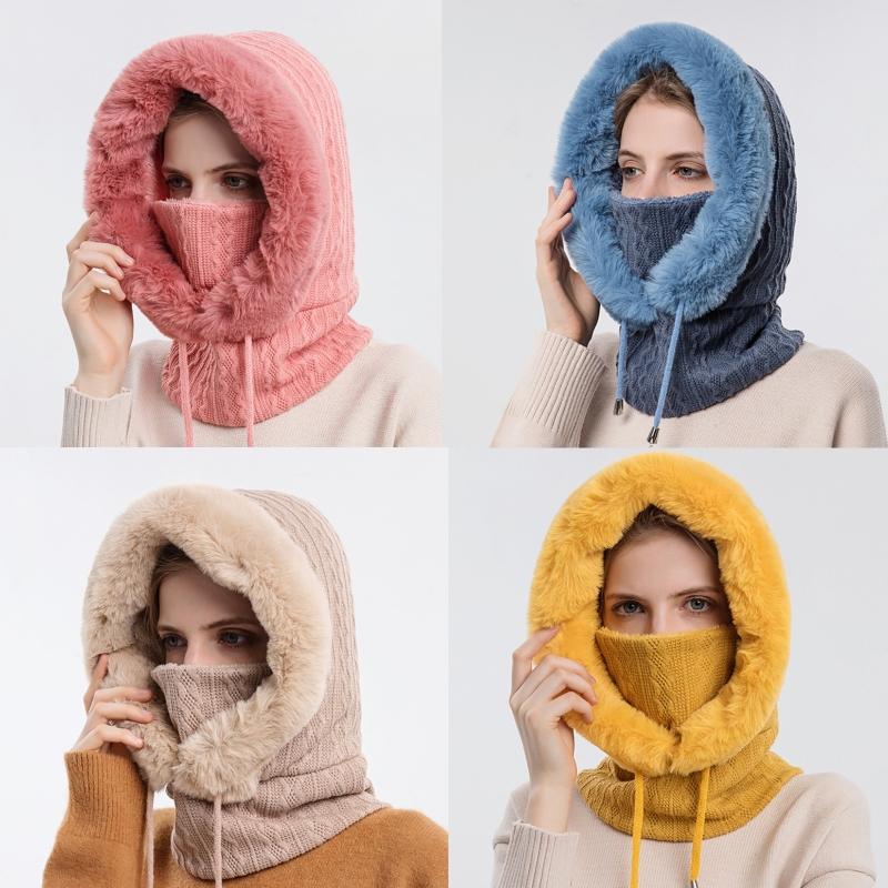 Winter Fur Cap Mask Set Hooded For Women Knitted Cashmere Neck Warm Russia Outdoor Ski Windproof Hat Thick Plush Fluffy Beanies