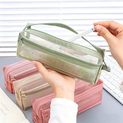 Pencil Case Double-Layer Large Capacity Transparent Mesh Students Exams Stationery Organizer Break-resistant Pencil Bag